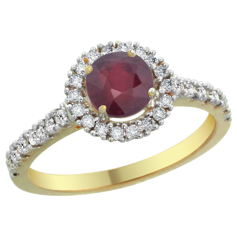 14K Yellow Gold Diamond Halo Enhanced Genuine Ruby Ring Round 6mm, sizes 5 - 10