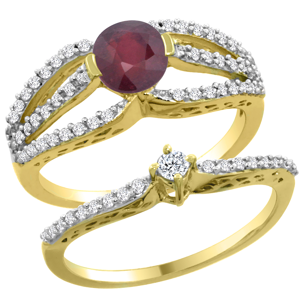 14K Yellow Gold Enhanced Ruby 2-piece Engagement Ring Set Round 5mm, sizes 5 - 10