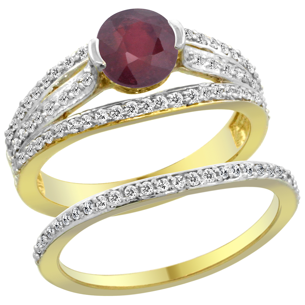 14K Yellow Gold Natural Enhanced Ruby 2-piece Engagement Ring Set Round 6mm, sizes 5 - 10