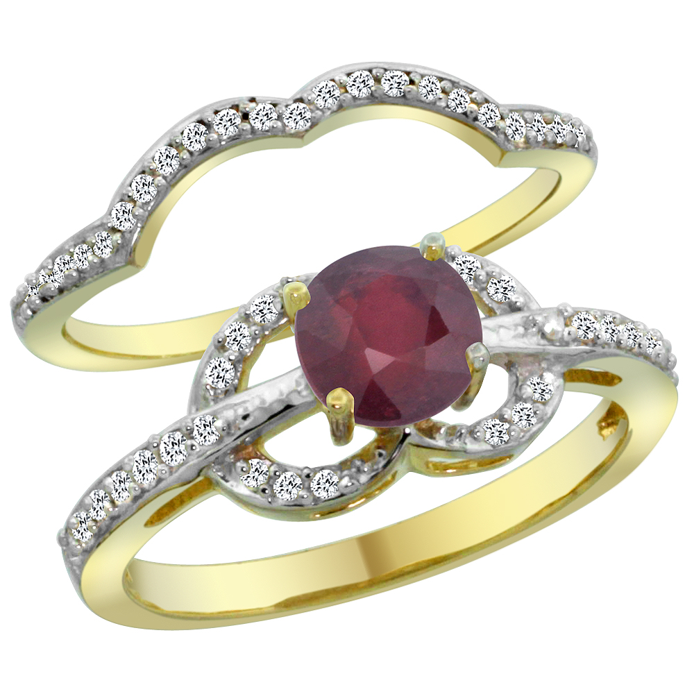 14K Yellow Gold Natural Enhanced Ruby 2-piece Engagement Ring Set Round 6mm, sizes 5 - 10