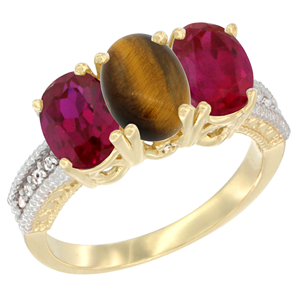 14K Yellow Gold Natural Tiger Eye & Enhanced Ruby Sides Ring 3-Stone 7x5 mm Oval Diamond Accent, sizes 5 - 10