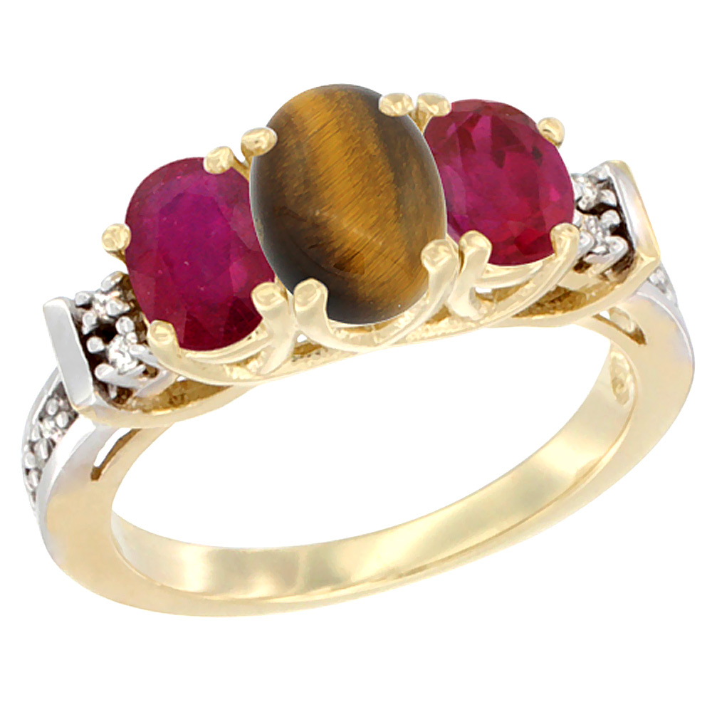 14K Yellow Gold Natural Tiger Eye &amp; Enhanced Ruby Ring 3-Stone Oval Diamond Accent