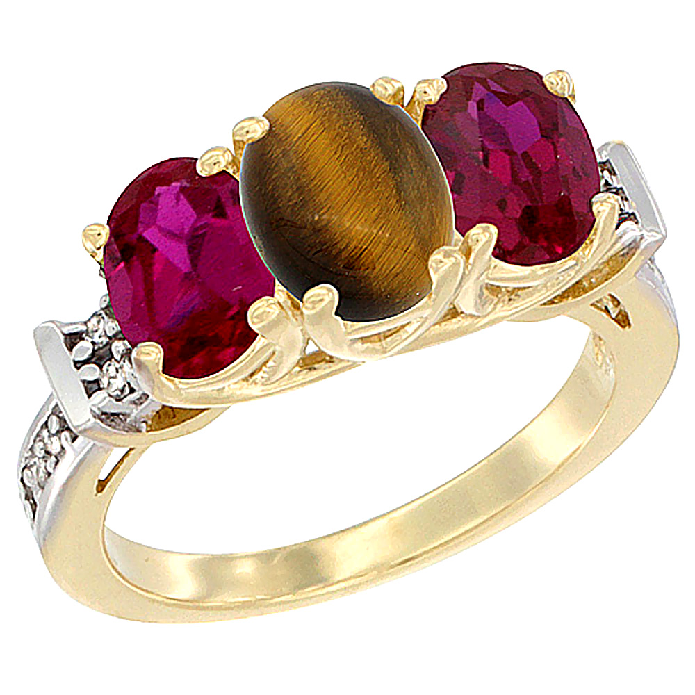 14K Yellow Gold Natural Tiger Eye & Enhanced Ruby Sides Ring 3-Stone Oval Diamond Accent, sizes 5 - 10