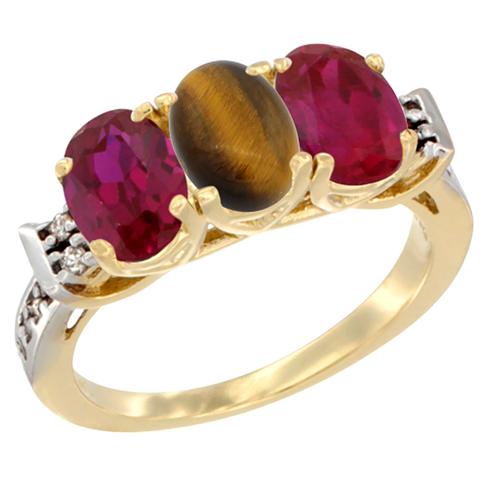 10K Yellow Gold Natural Tiger Eye & Enhanced Ruby Sides Ring 3-Stone Oval 7x5 mm Diamond Accent, sizes 5 - 10