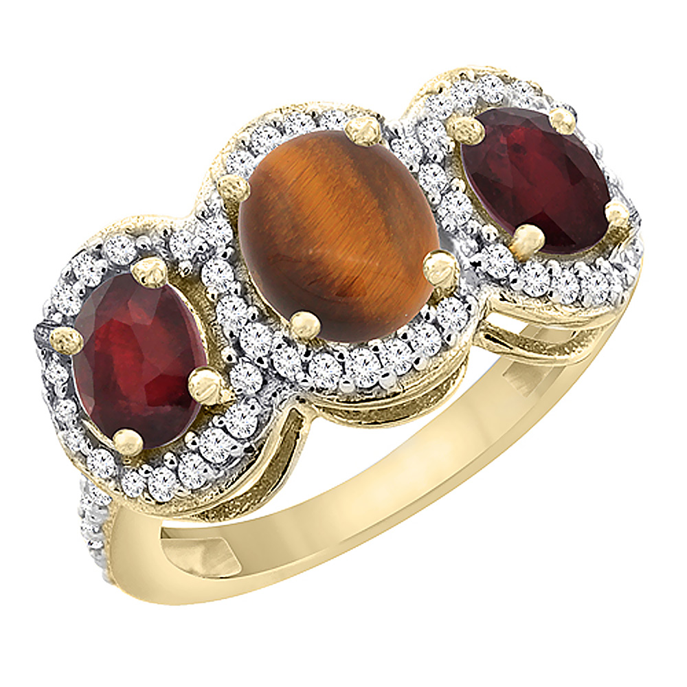 10K Yellow Gold Natural Tiger Eye &amp; Enhanced Ruby 3-Stone Ring Oval Diamond Accent, sizes 5 - 10