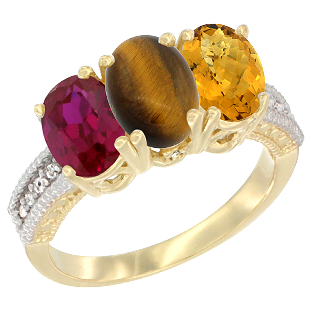 10K Yellow Gold Diamond Enhanced Ruby, Natural Tiger Eye &amp; Whisky Quartz Ring 3-Stone 7x5 mm Oval, sizes 5 - 10