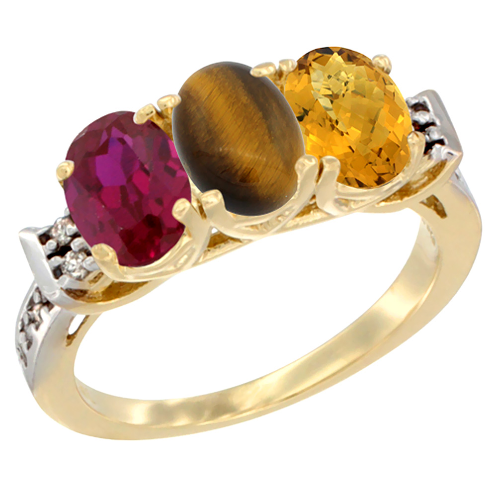 10K Yellow Gold Enhanced Ruby, Natural Tiger Eye & Whisky Quartz Ring 3-Stone Oval 7x5 mm Diamond Accent, sizes 5 - 10