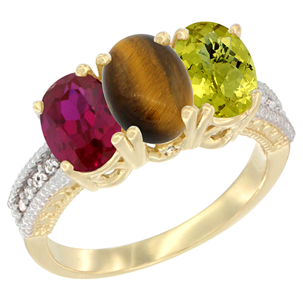 10K Yellow Gold Diamond Enhanced Ruby, Natural Tiger Eye &amp; Lemon Quartz Ring 3-Stone 7x5 mm Oval, sizes 5 - 10