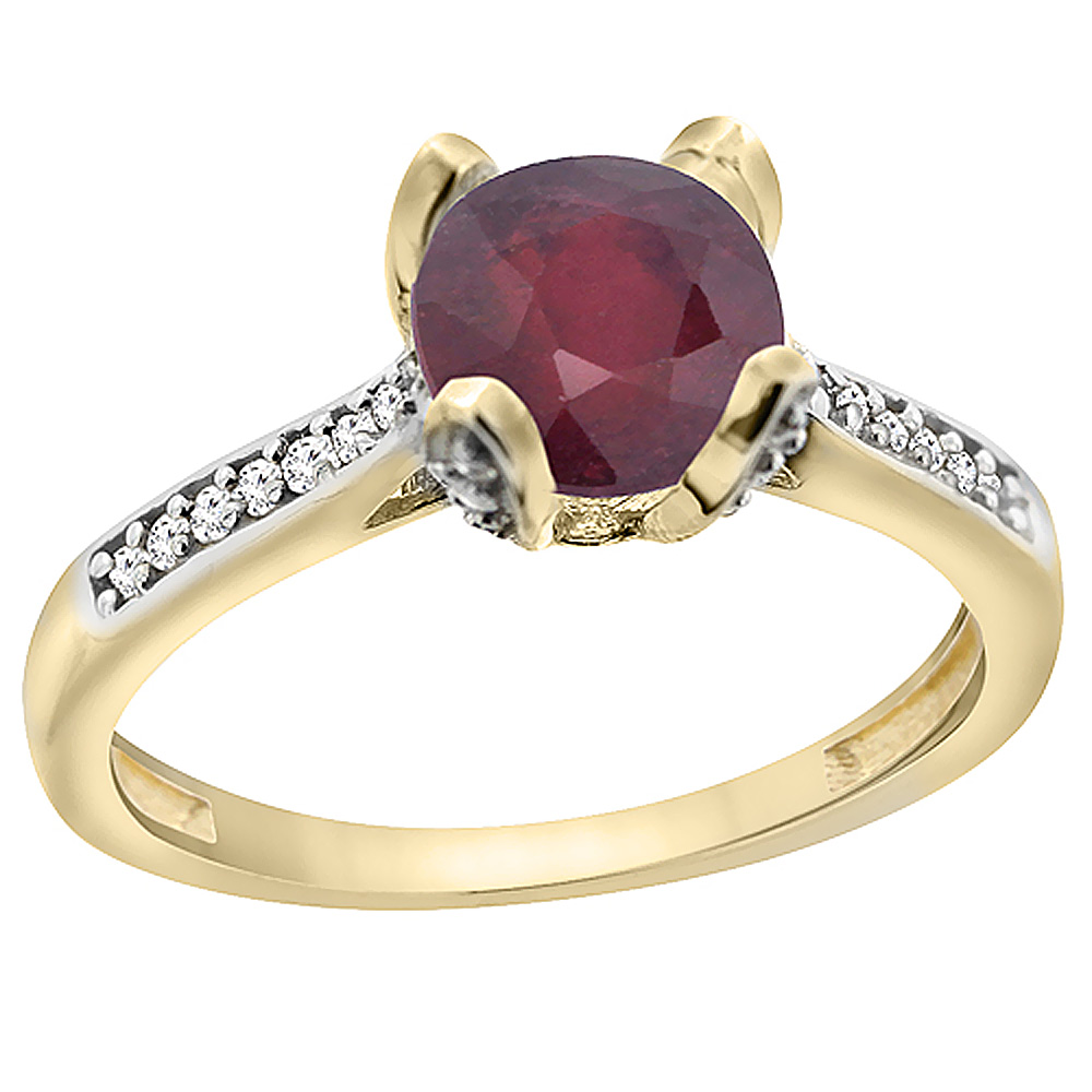 14K Yellow Gold Diamond Enhanced Genuine Ruby Engagement Ring Round 7mm, sizes 5 to 10 with half sizes