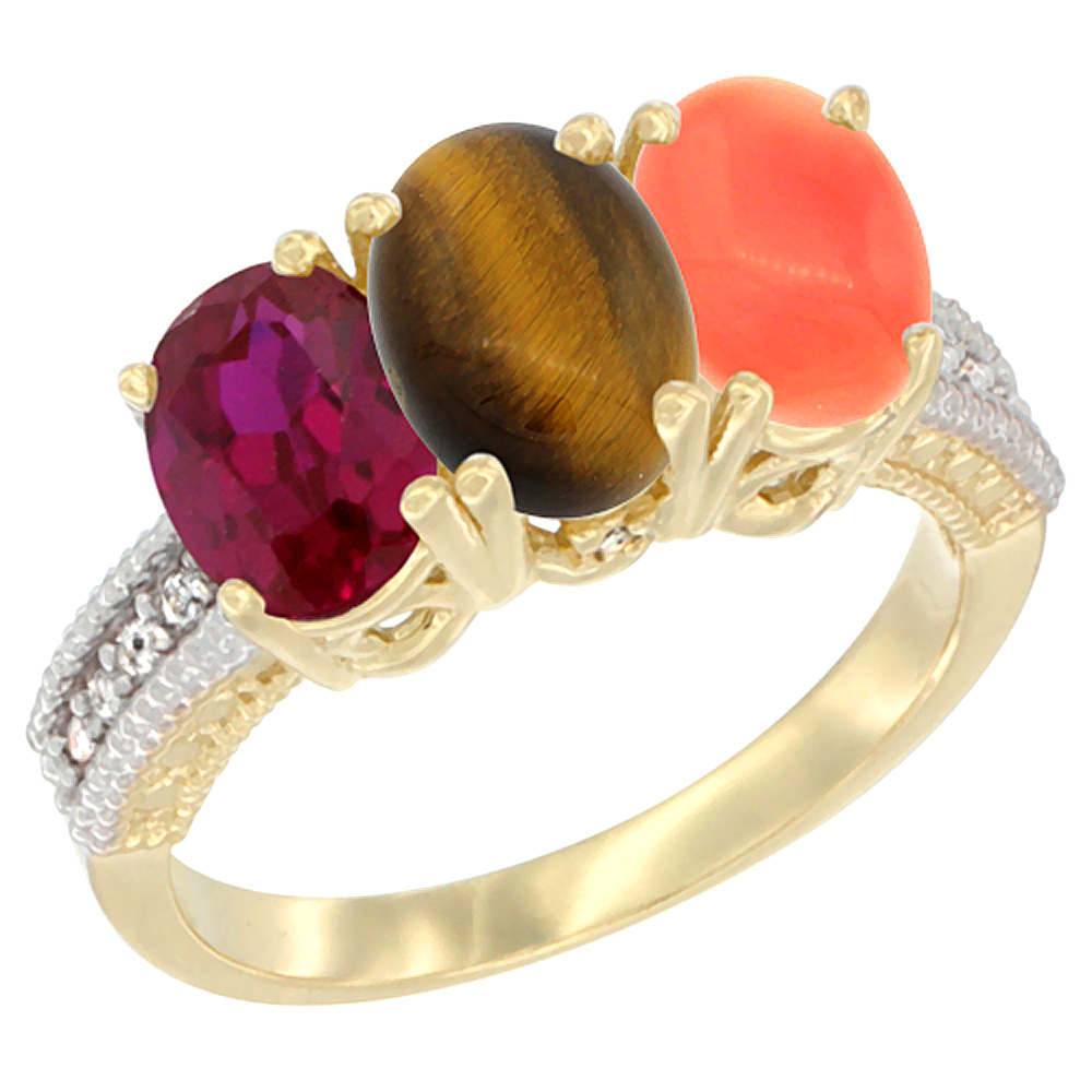 10K Yellow Gold Diamond Enhanced Ruby, Natural Tiger Eye &amp; Coral Ring 3-Stone 7x5 mm Oval, sizes 5 - 10