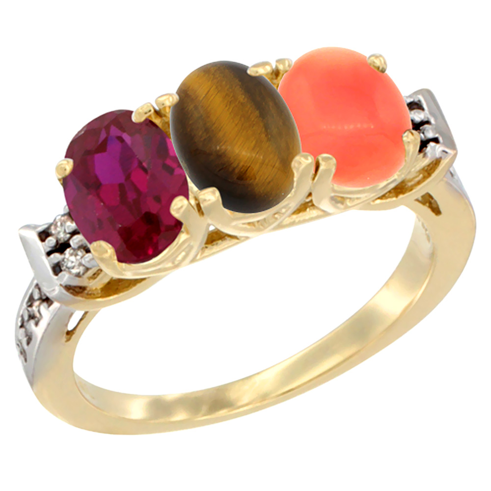 10K Yellow Gold Enhanced Ruby, Natural Tiger Eye &amp; Coral Ring 3-Stone Oval 7x5 mm Diamond Accent, sizes 5 - 10