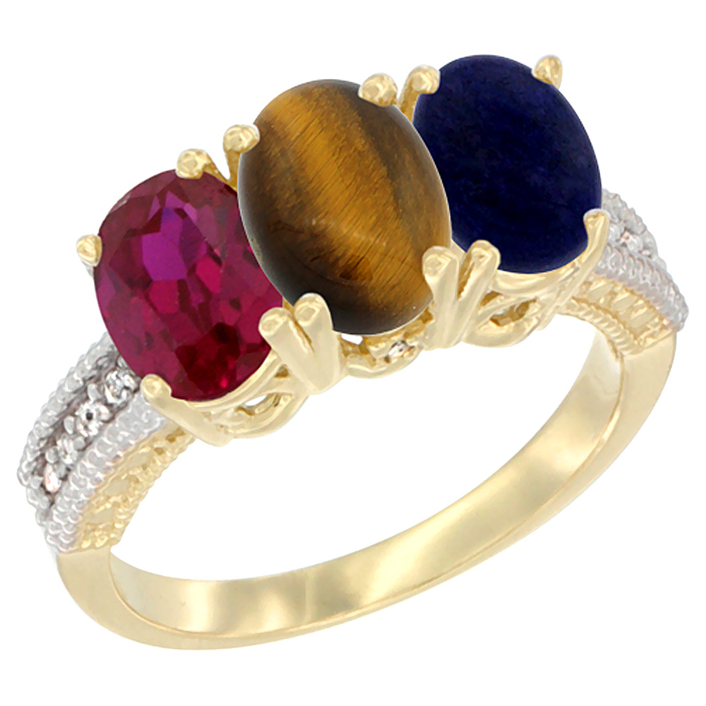 10K Yellow Gold Diamond Enhanced Ruby, Natural Tiger Eye &amp; Lapis Ring 3-Stone 7x5 mm Oval, sizes 5 - 10