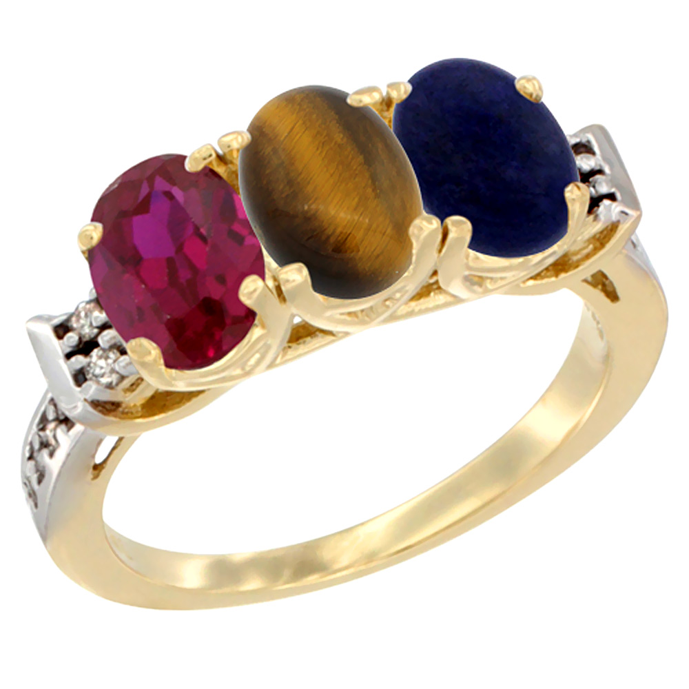 14K Yellow Gold Enhanced Ruby, Natural Tiger Eye &amp; Lapis Ring 3-Stone Oval 7x5 mm Diamond Accent, sizes 5 - 10