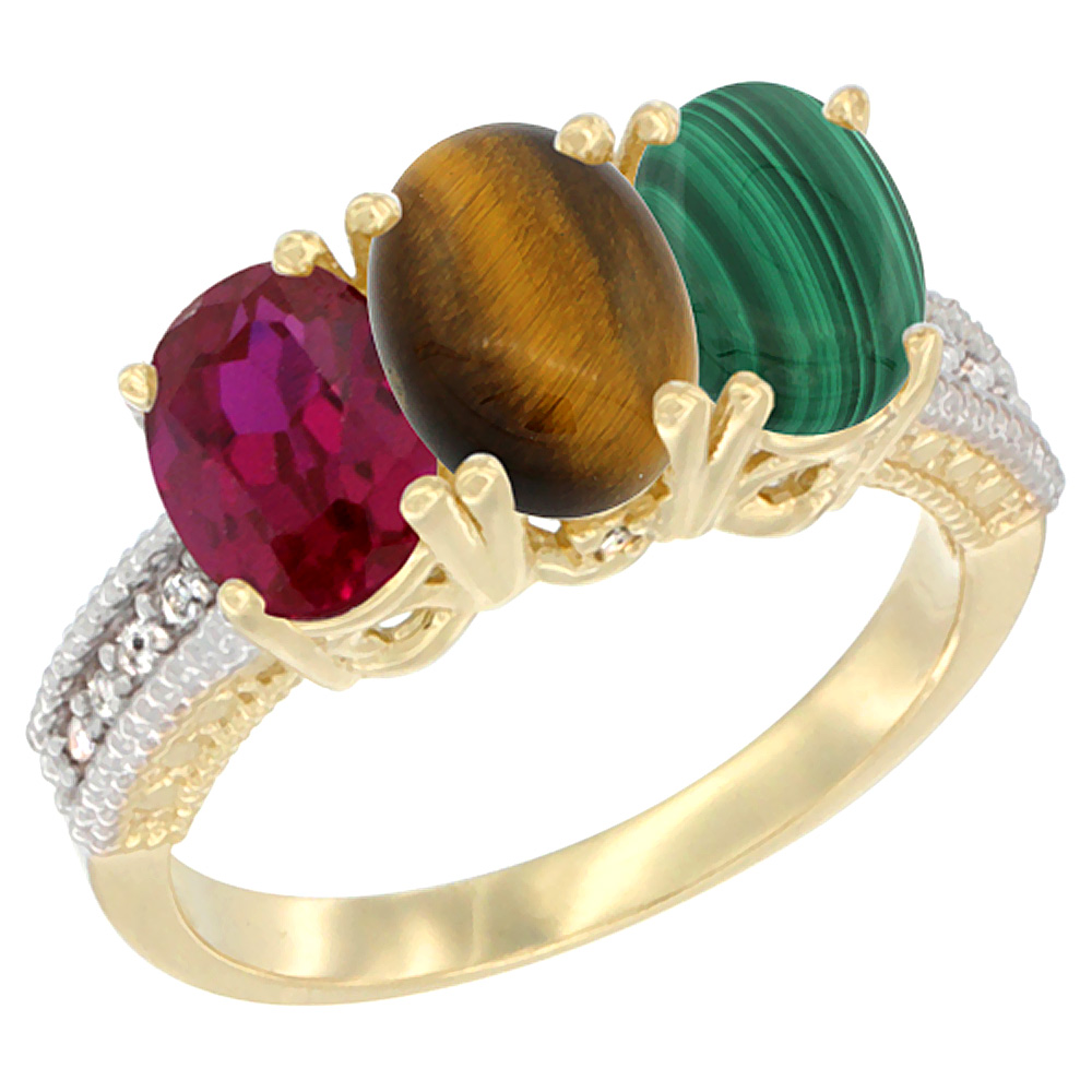 10K Yellow Gold Diamond Enhanced Ruby, Natural Tiger Eye &amp; Malachite Ring 3-Stone 7x5 mm Oval, sizes 5 - 10