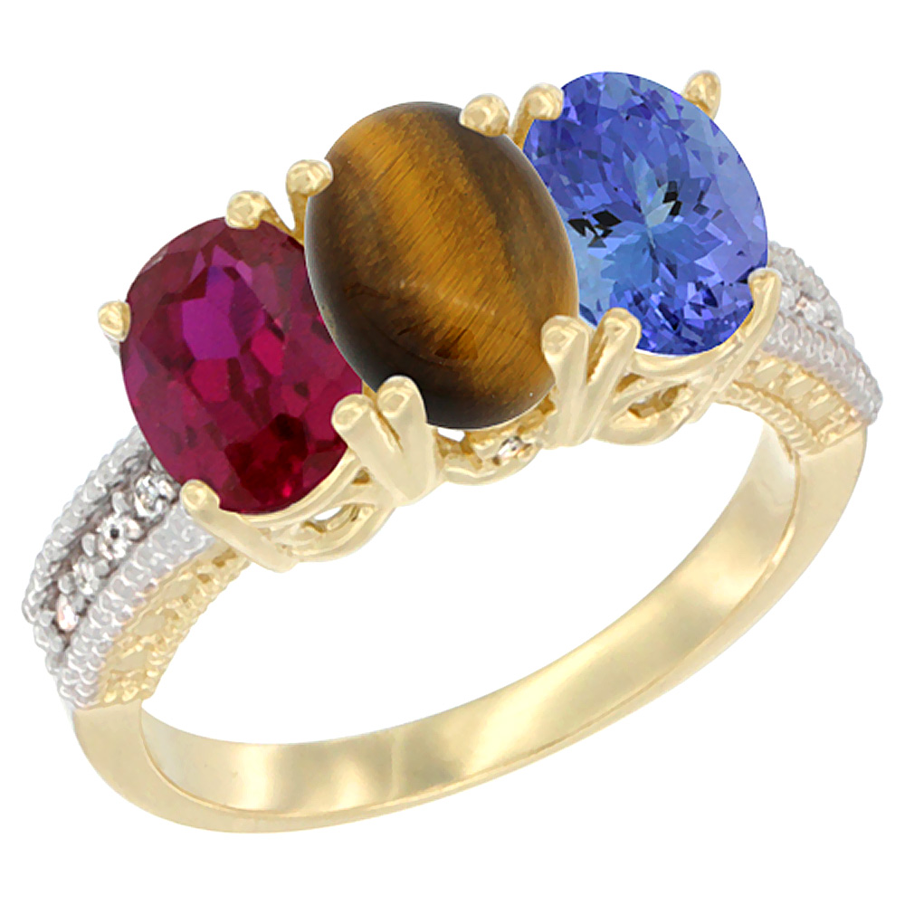 10K Yellow Gold Diamond Enhanced Ruby, Natural Tiger Eye &amp; Tanzanite Ring 3-Stone 7x5 mm Oval, sizes 5 - 10