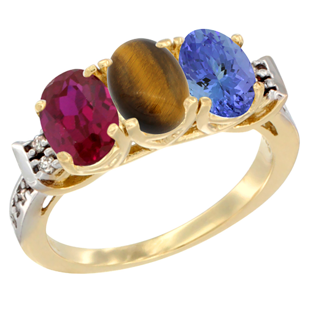 14K Yellow Gold Enhanced Ruby, Natural Tiger Eye &amp; Tanzanite Ring 3-Stone Oval 7x5 mm Diamond Accent, sizes 5 - 10