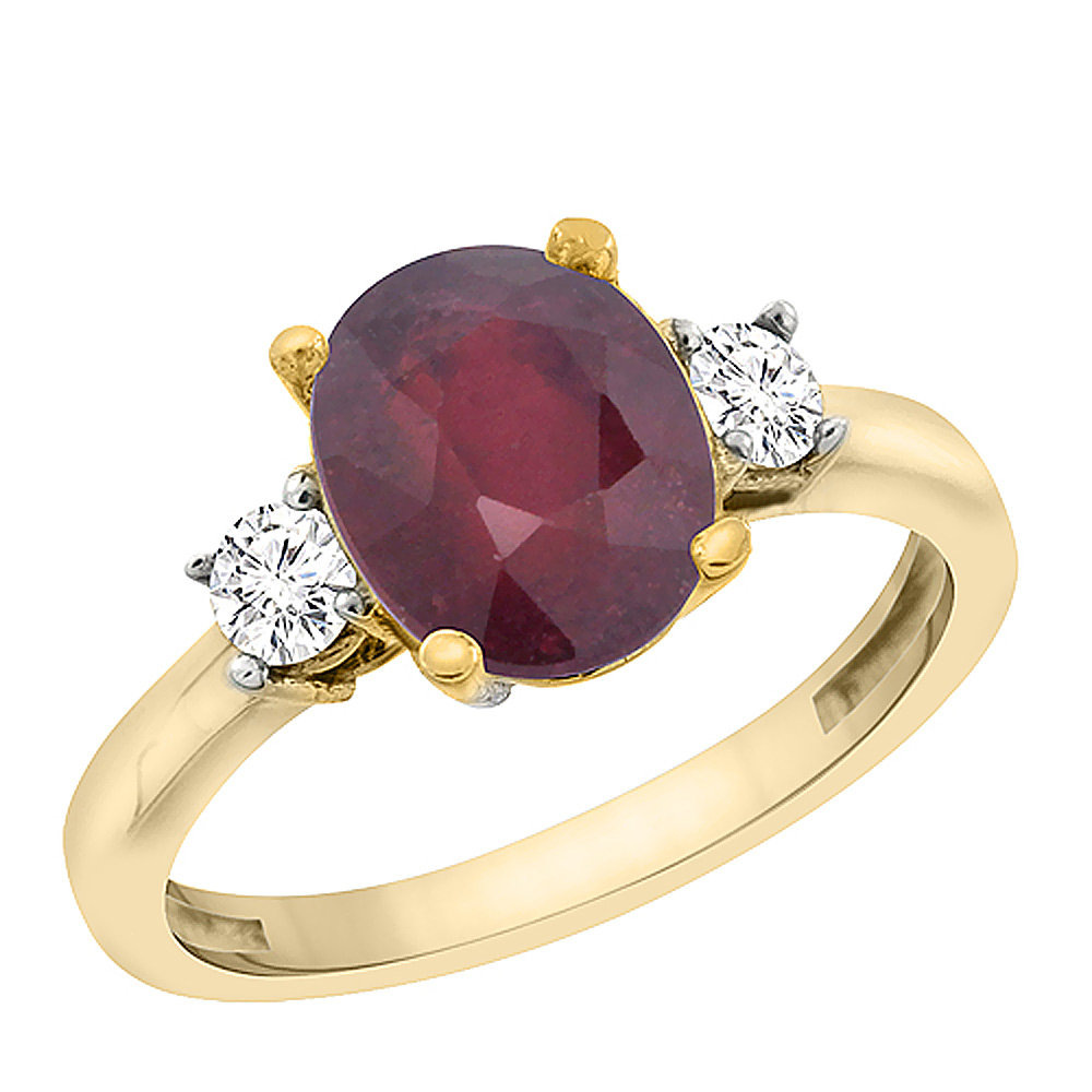 10K Yellow Gold Enhanced Genuine Ruby Engagement Ring Oval 10x8 mm Diamond Sides, sizes 5 - 10