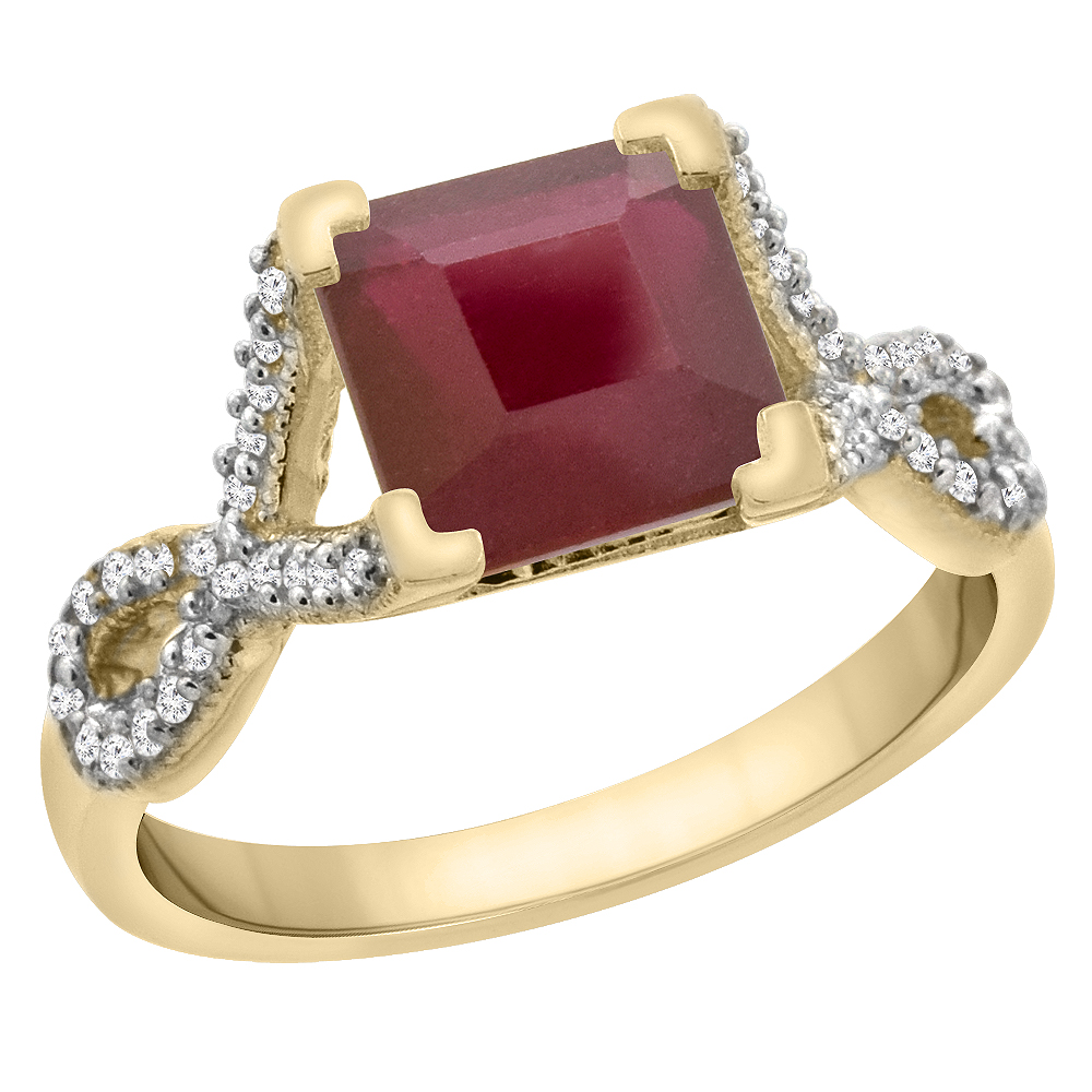 10K Yellow Gold Enhanced Ruby Ring Square 7x7 mm Diamond Accents, sizes 5 to 10