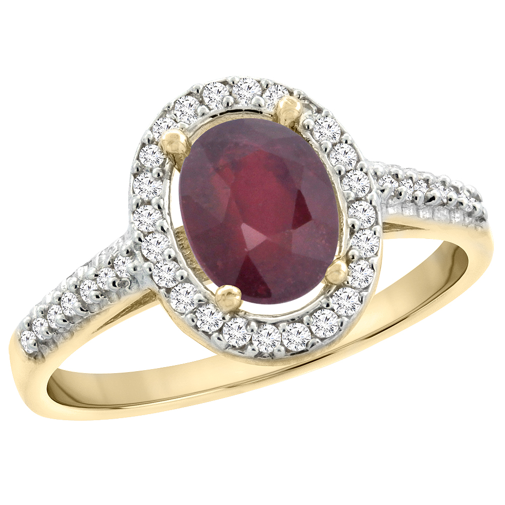 14K Yellow Gold Enhanced Genuine Ruby Engagement Ring Oval 7x5 mm Diamond Halo, sizes 5 - 10