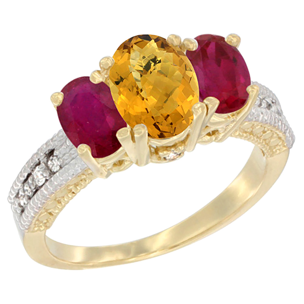 10K Yellow Gold Diamond Natural Whisky Quartz Ring Oval 3-stone with Enhanced Ruby, sizes 5 - 10