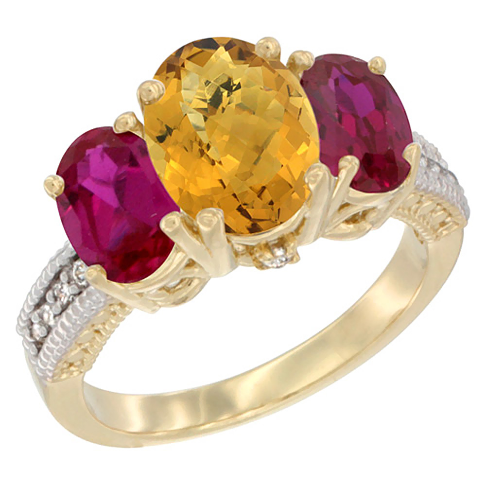 14K Yellow Gold Diamond Natural Whisky Quartz Ring 3-Stone Oval 8x6mm with Ruby, sizes5-10