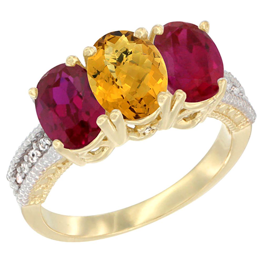 14K Yellow Gold Natural Whisky Quartz &amp; Enhanced Ruby Sides Ring 3-Stone 7x5 mm Oval Diamond Accent, sizes 5 - 10