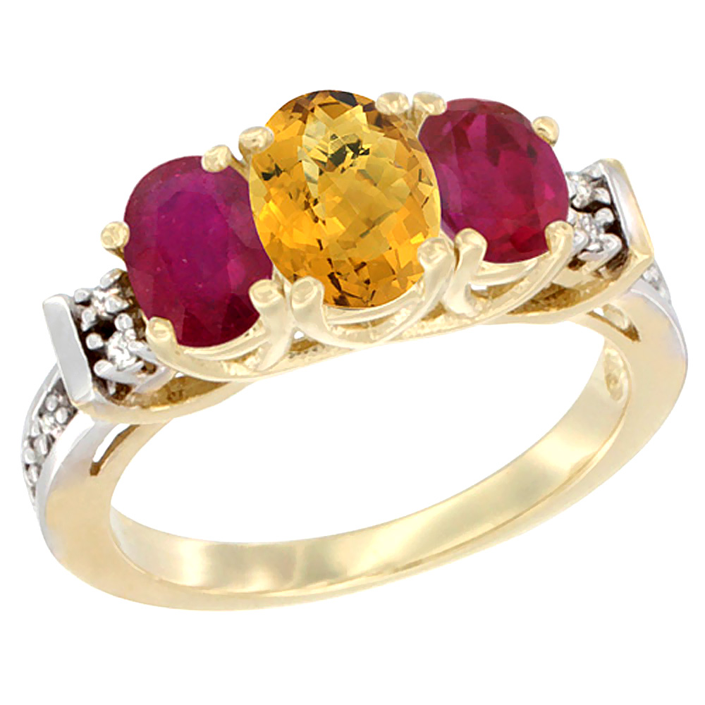 14K Yellow Gold Natural Whisky Quartz & Enhanced Ruby Ring 3-Stone Oval Diamond Accent