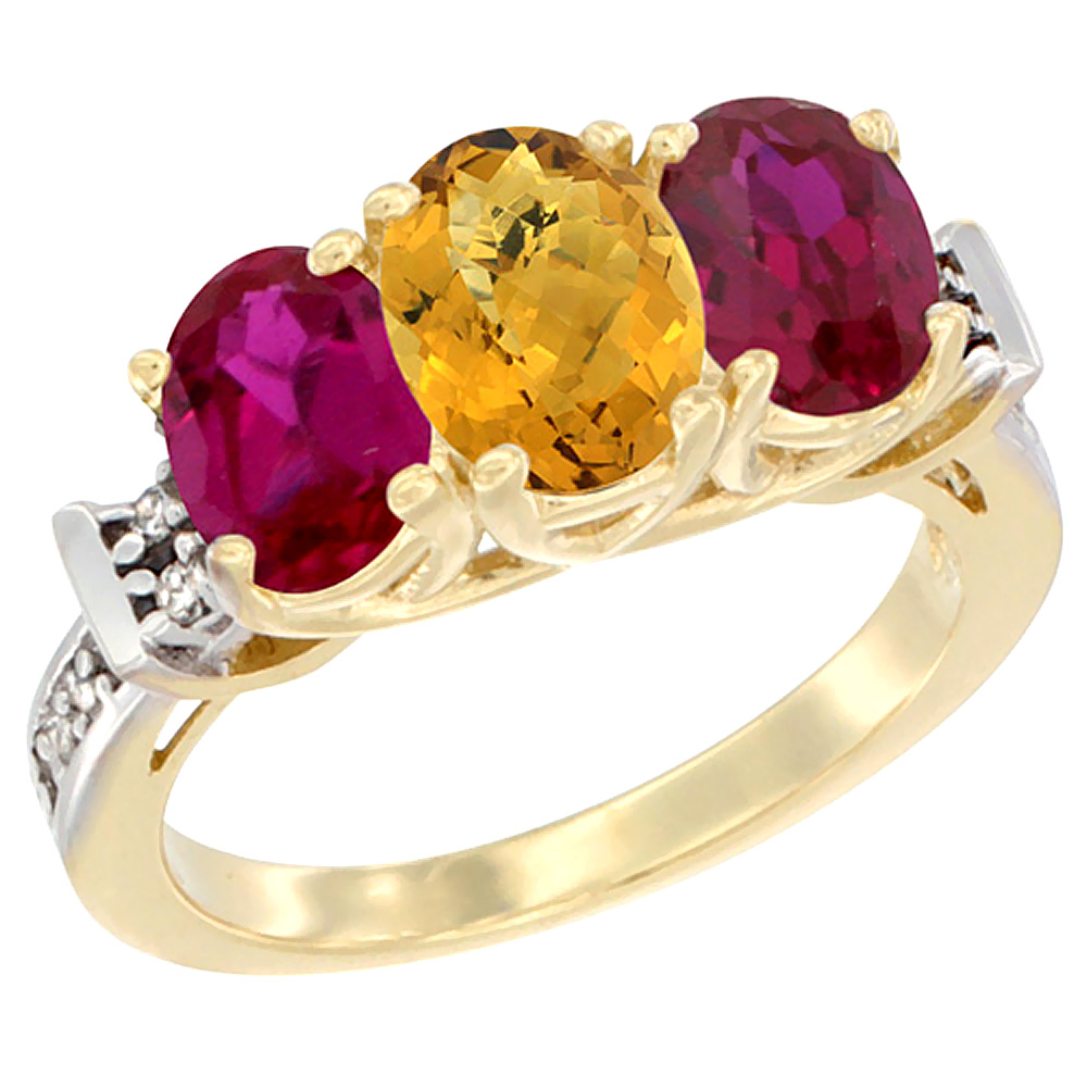 14K Yellow Gold Natural Whisky Quartz & Enhanced Ruby Sides Ring 3-Stone Oval Diamond Accent, sizes 5 - 10