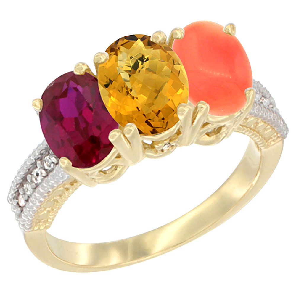 10K Yellow Gold Diamond Enhanced Ruby, Natural Whisky Quartz & Coral Ring 3-Stone 7x5 mm Oval, sizes 5 - 10