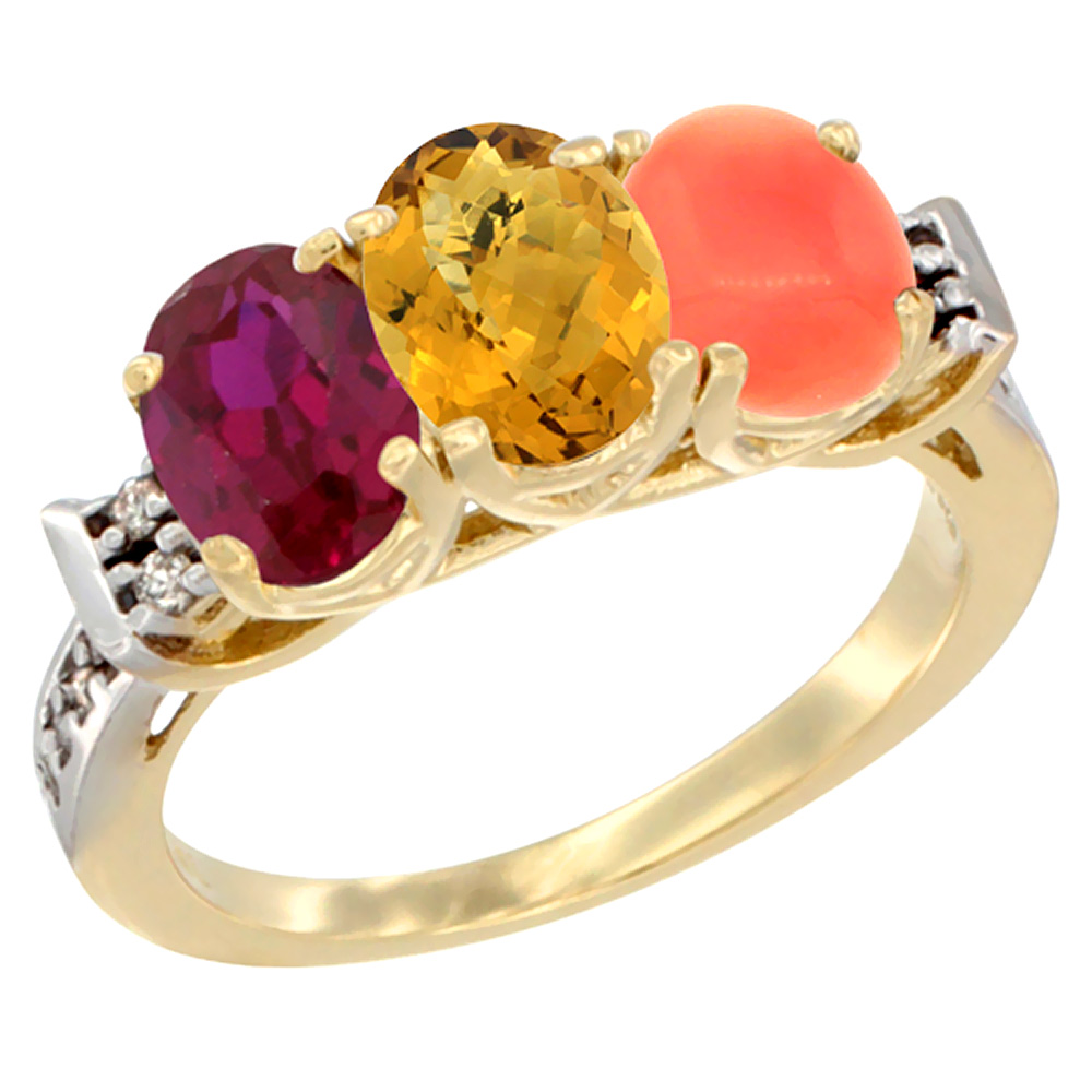 10K Yellow Gold Enhanced Ruby, Natural Whisky Quartz & Coral Ring 3-Stone Oval 7x5 mm Diamond Accent, sizes 5 - 10