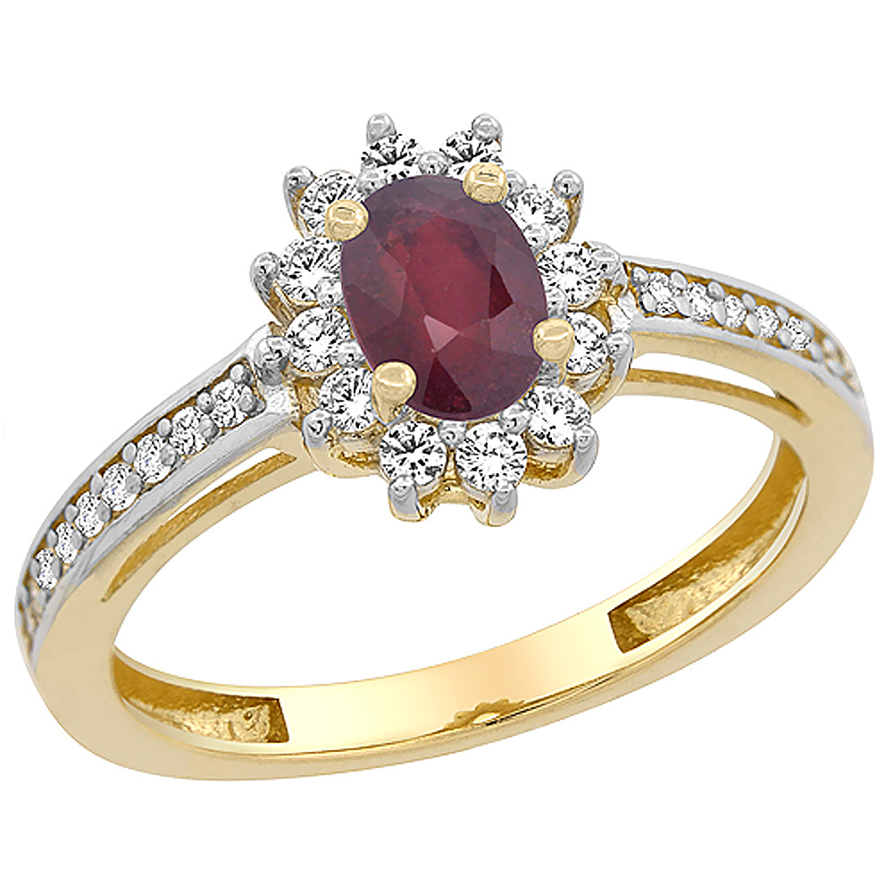 14K Yellow Gold Enhanced Ruby Flower Halo Ring Oval 6x4mm Diamond Accents, sizes 5 - 10