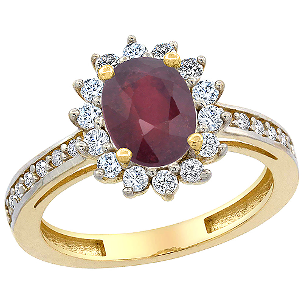 14K Yellow Gold Enhanced Ruby Floral Halo Ring Oval 8x6mm Diamond Accents, sizes 5 - 10