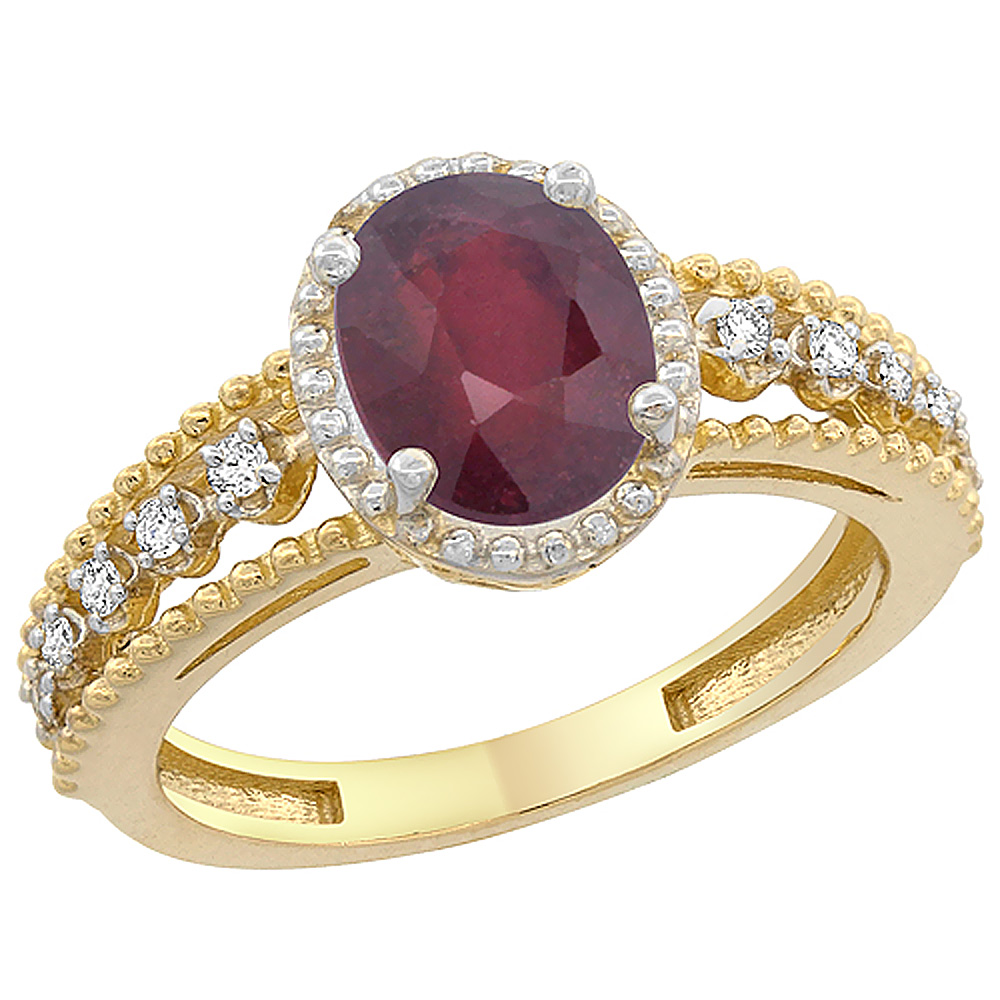 10K Yellow Gold Enhanced Ruby Ring Oval 9x7 mm Floating Diamond Accents, sizes 5 - 10