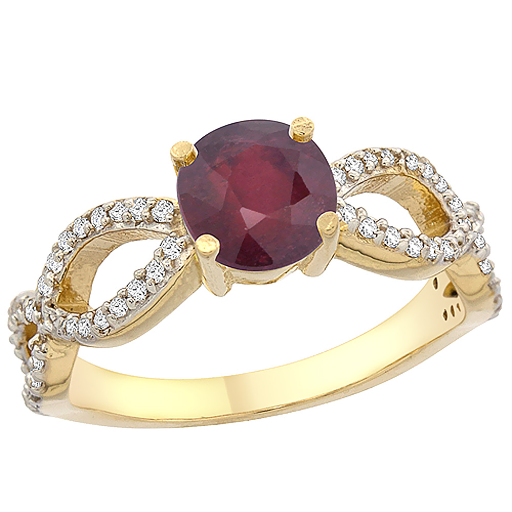 10K Yellow Gold Enhanced Ruby Ring Round 6mm Infinity Diamond Accents, sizes 5 - 10