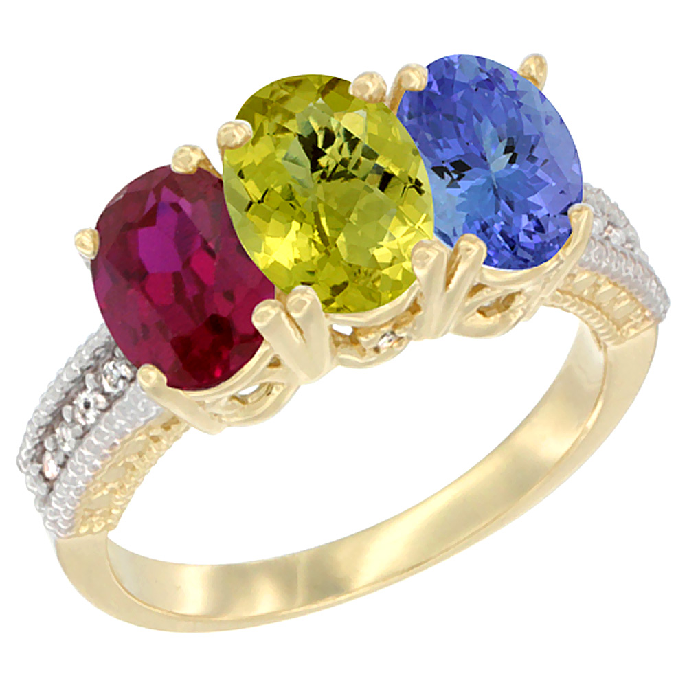 10K Yellow Gold Diamond Enhanced Ruby, Natural Lemon Quartz &amp; Tanzanite Ring 3-Stone 7x5 mm Oval, sizes 5 - 10