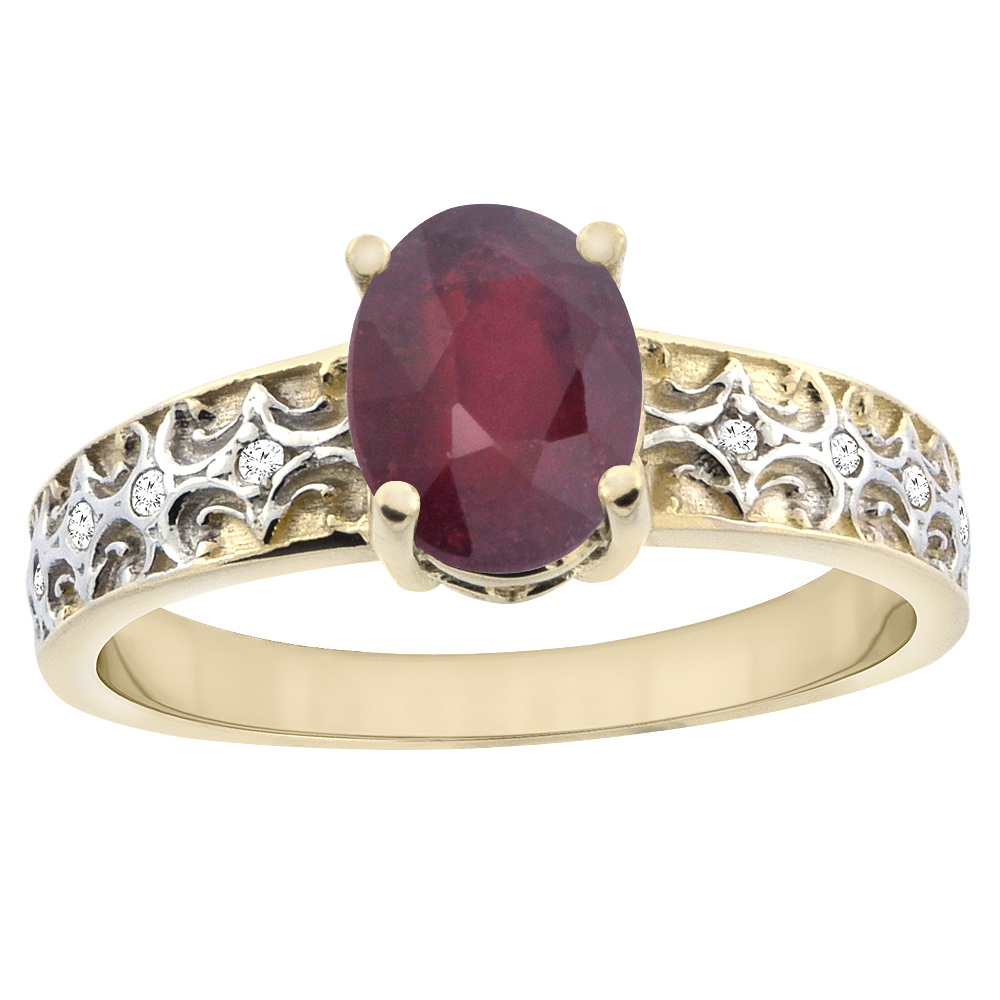 10K Yellow Gold Diamond Natural Quality Ruby Engagement Ring Oval 8x6 mm, size 5 - 10