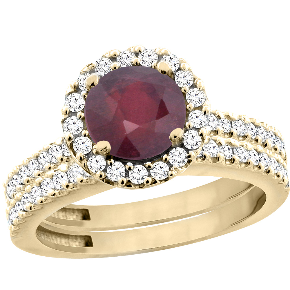 14K Yellow Gold Enhanced Ruby Round 6mm 2-Piece Engagement Ring Set Floating Halo Diamond, sizes 5 - 10
