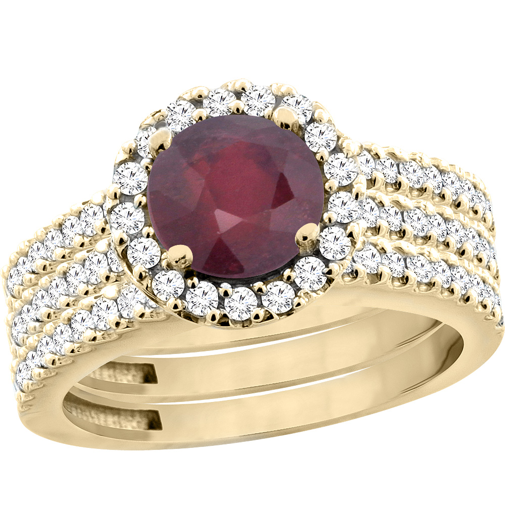 14K Yellow Gold Enhanced Ruby 3-Piece Bridal Ring Set Round 6mm Halo Diamond, sizes 5 - 10