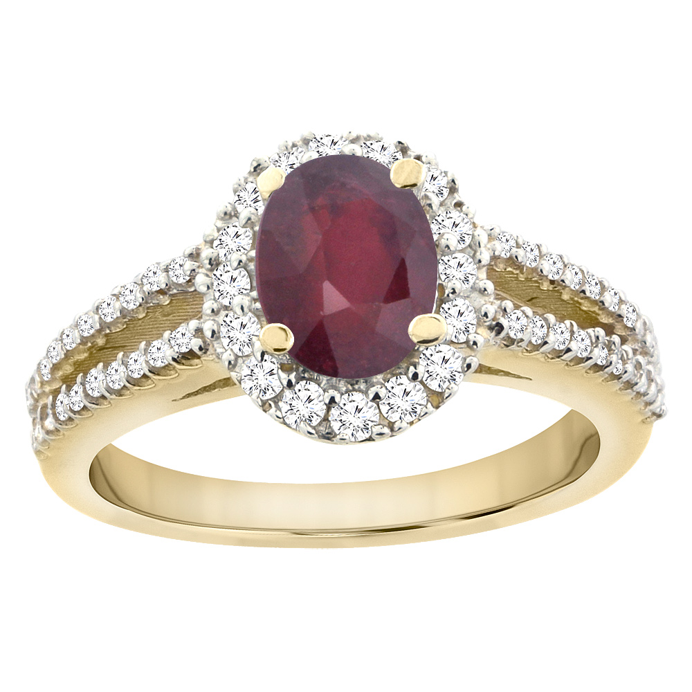 14K Yellow Gold Diamond Halo Natural Quality Ruby Split Shank Engagement Ring Oval 7x5 mm, size 5 - 10