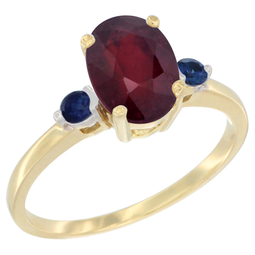 14K Yellow Gold Enhanced Ruby Ring Oval 9x7 mm Blue Sapphire Accent, sizes 5 to 10