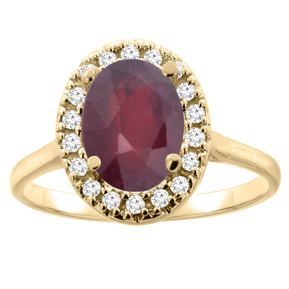 10K Gold Enhanced Ruby Halo Ring Oval 9x7mm Diamond Accent, sizes 5 - 10