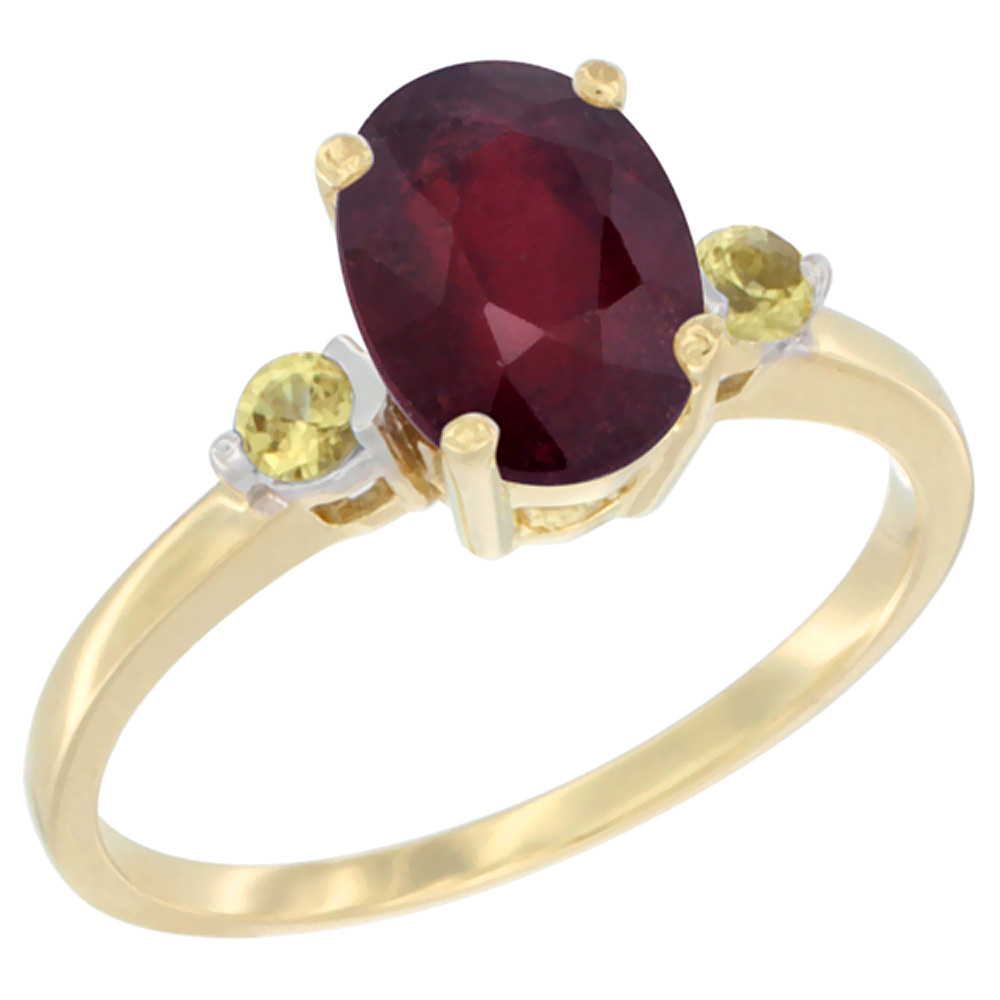 14K Yellow Gold Enhanced Ruby Ring Oval 9x7 mm Yellow Sapphire Accent, sizes 5 to 10