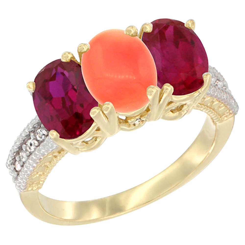 14K Yellow Gold Natural Coral &amp; Enhanced Ruby Sides Ring 3-Stone 7x5 mm Oval Diamond Accent, sizes 5 - 10