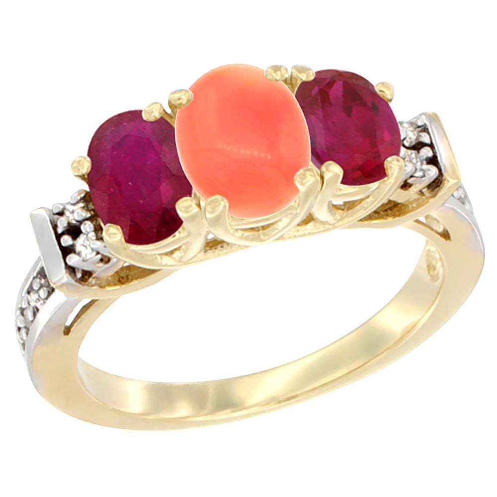 14K Yellow Gold Natural Coral & Enhanced Ruby Ring 3-Stone Oval Diamond Accent