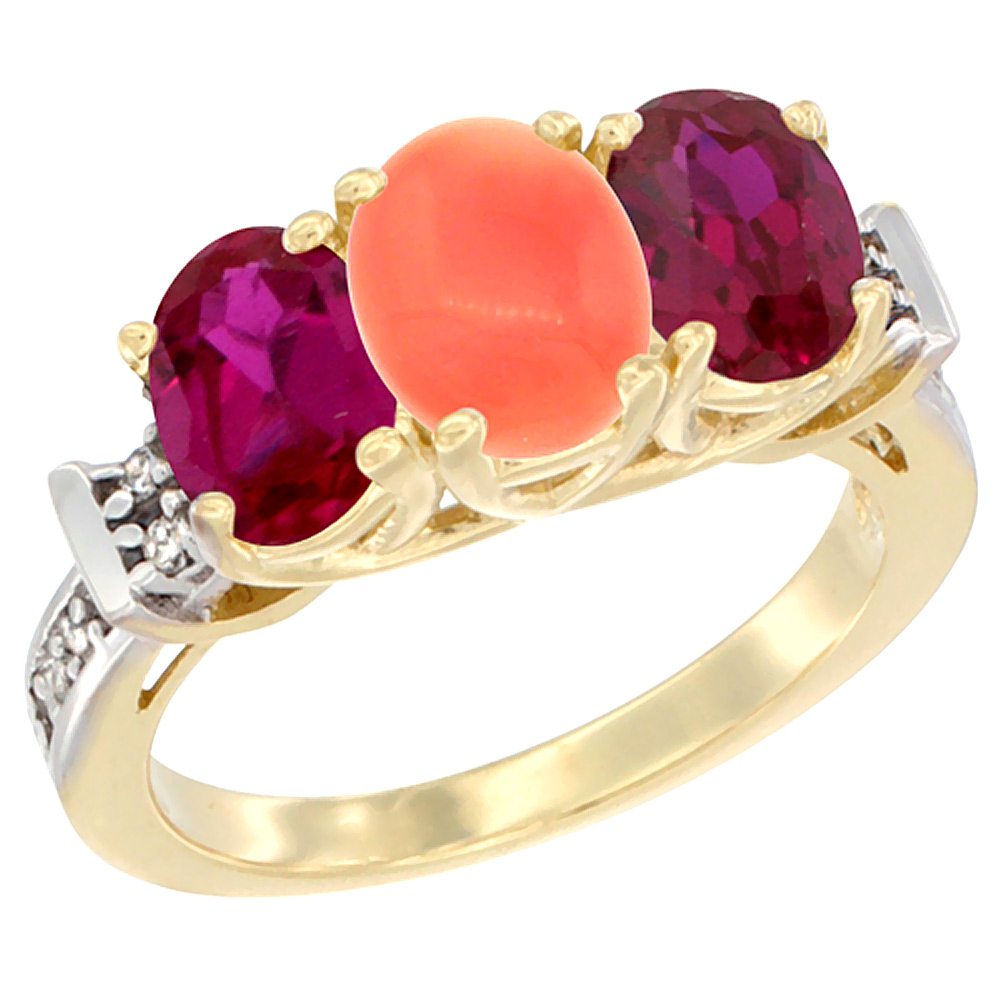 14K Yellow Gold Natural Coral &amp; Enhanced Ruby Sides Ring 3-Stone Oval Diamond Accent, sizes 5 - 10