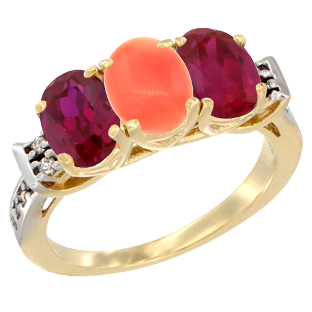14K Yellow Gold Natural Coral & Enhanced Ruby Sides Ring 3-Stone Oval 7x5 mm Diamond Accent, sizes 5 - 10