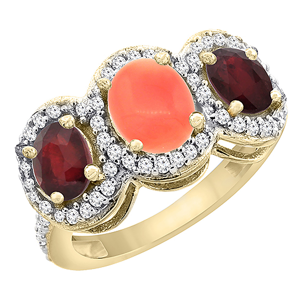 10K Yellow Gold Natural Coral &amp; Enhanced Ruby 3-Stone Ring Oval Diamond Accent, sizes 5 - 10
