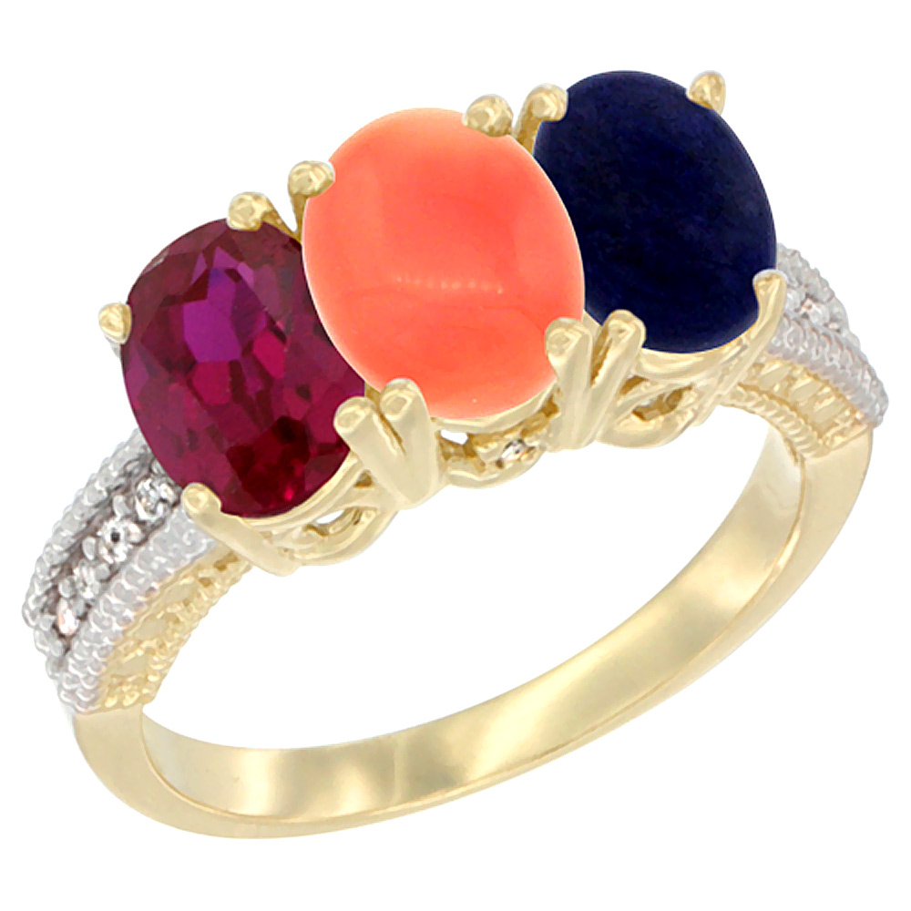 10K Yellow Gold Diamond Enhanced Ruby, Natural Coral & Lapis Ring 3-Stone 7x5 mm Oval, sizes 5 - 10