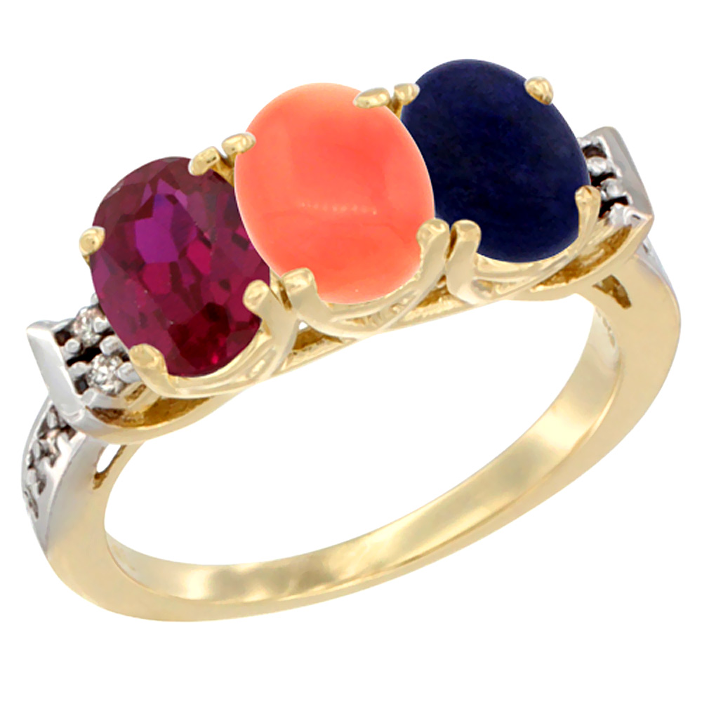 10K Yellow Gold Enhanced Ruby, Natural Coral & Lapis Ring 3-Stone Oval 7x5 mm Diamond Accent, sizes 5 - 10
