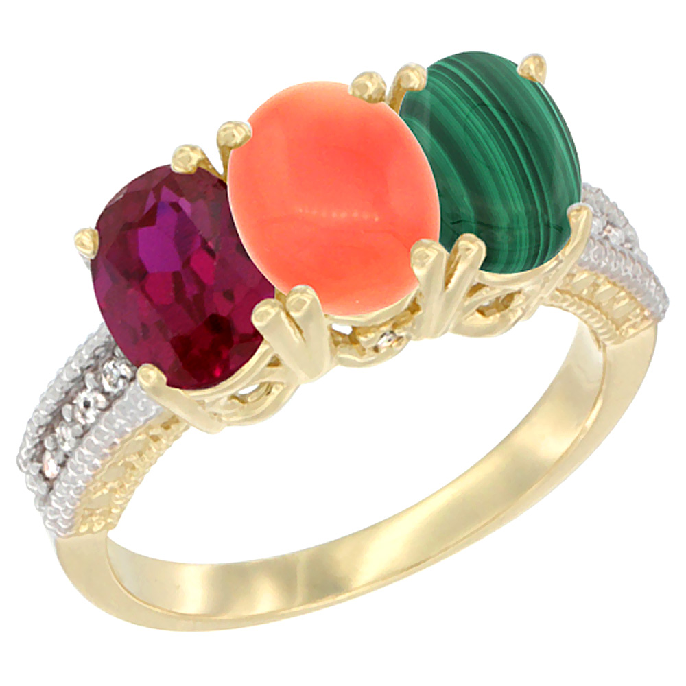 14K Yellow Gold Enhanced Ruby, Natural Coral &amp; Malachite Ring 3-Stone 7x5 mm Oval Diamond Accent, sizes 5 - 10